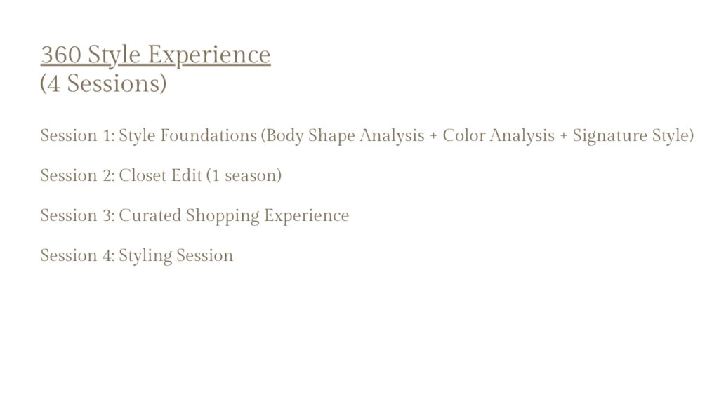 Styling coaching, style foundations, closet edit, shopping, styling session